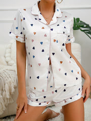 Heart Print Pajama Set Short Sleeve Top & Shorts Women's Sleepwear