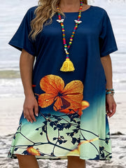  Floral Print Short Sleeve Tee Dress With Pockets