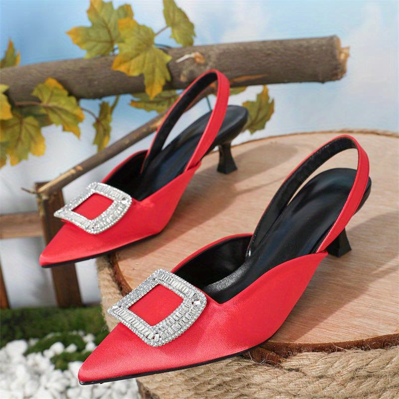 Women's Rhinestone Kitten Heels Satin Slingback Sandals