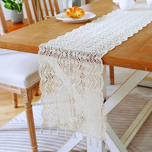American Crochet Lace Table Runner Beige Cover