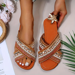 Women's Tribal Style Flat Slippers Open Toe with Faux Pearl Sequin Decor