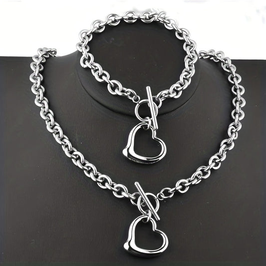 Heart Pendant Bracelet & Necklace Set - Fashionable Combo