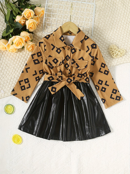 Kid Girl's Geo Print LS Shirt Leather Skirt Dress Outfit
