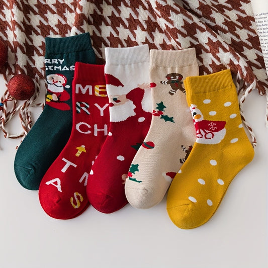 5Pairs Kids Christmas Crew Socks Cotton Blend Cartoon Snowman Design