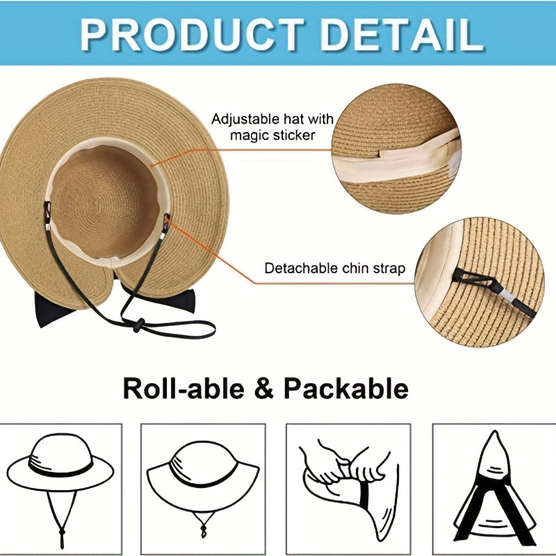 Bowknot Ponytail Sun Hat Wide Brim UV Protection Straw Hat Lightweight Foldable