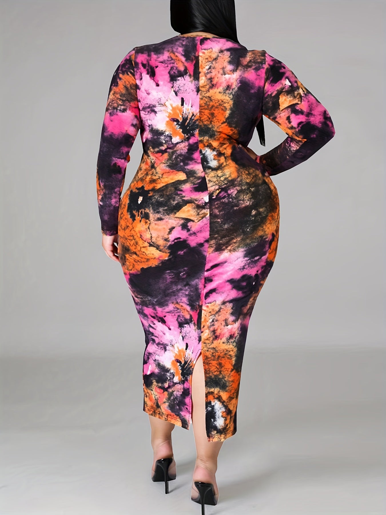  Tie Dye Long Sleeve Round Neck Midi Dress