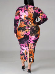  Tie Dye Long Sleeve Round Neck Midi Dress