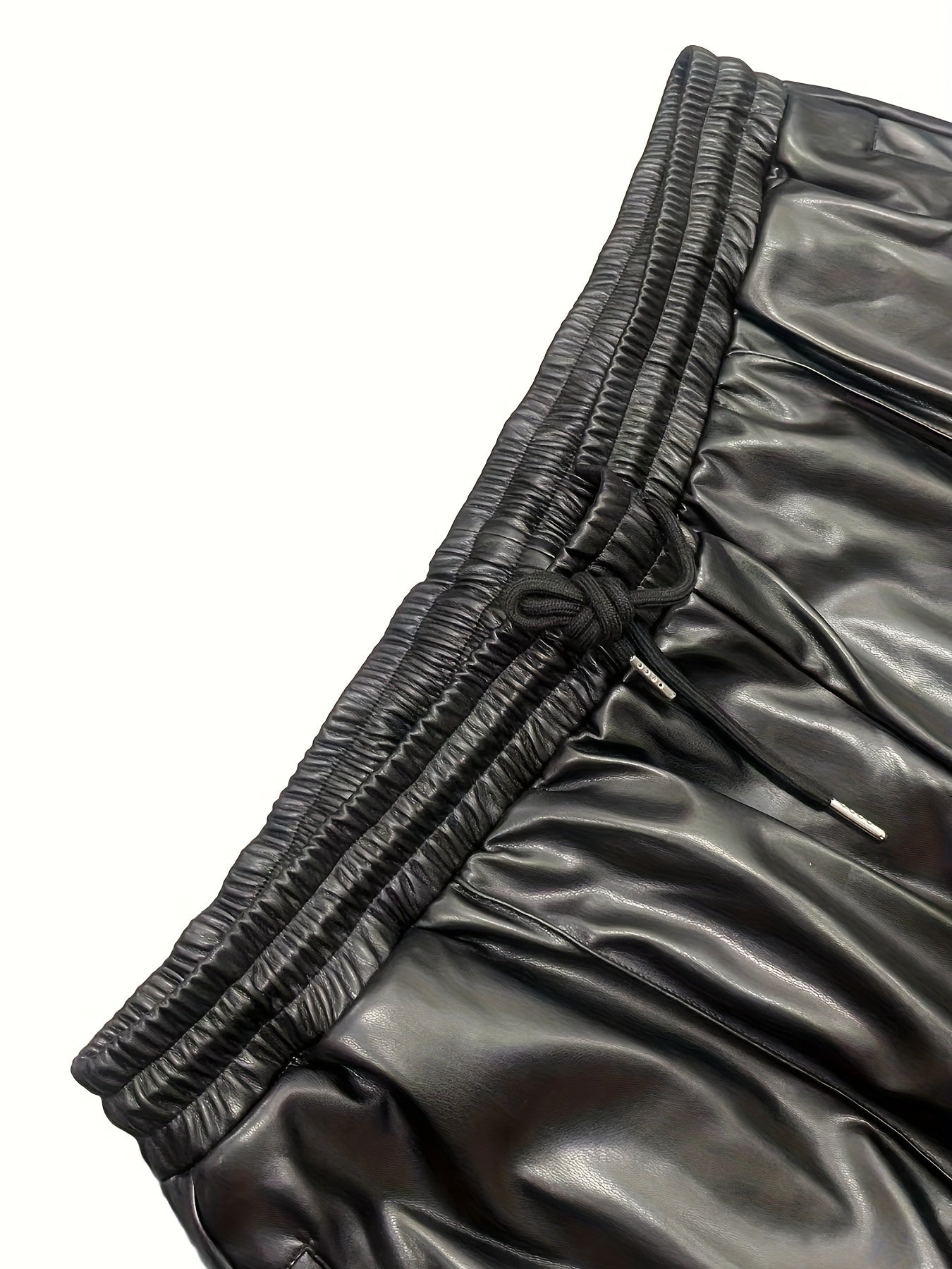  Solid Faux Leather Drawstring Trousers With Pockets