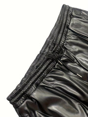  Solid Faux Leather Drawstring Trousers With Pockets