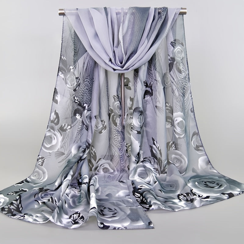 Colorful Flowers Chiffon Silk Scarf Retro Winter Shawl