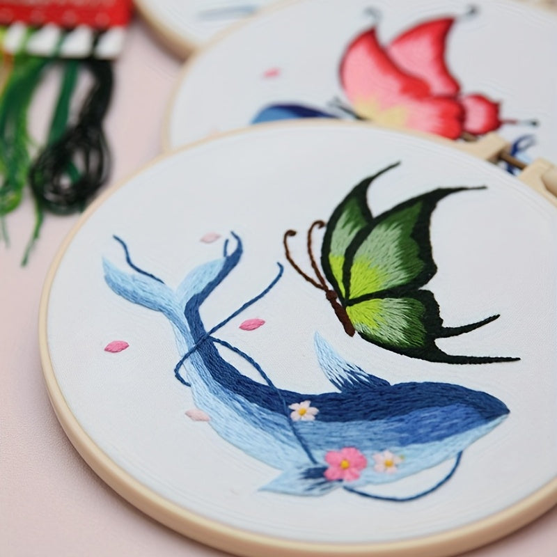 4pcs Whale & Butterfly Embroidery Kit for Beginners, Hoop, Threads, Needles