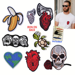 JCarp 5PCS Iron On 3D Patches Beating Heart Skulls and Rose Earth Turtle