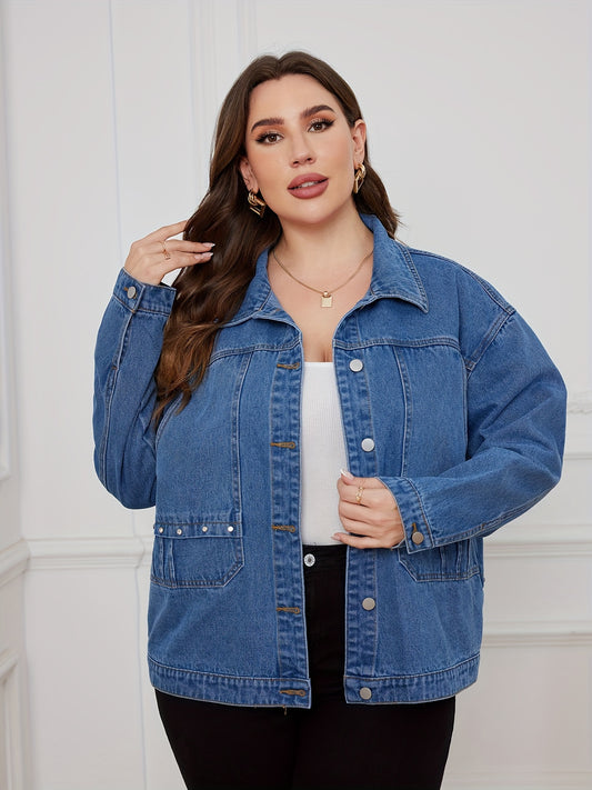  Denim Top Women's Solid Pipping Button Up Long Sleeve Jacket