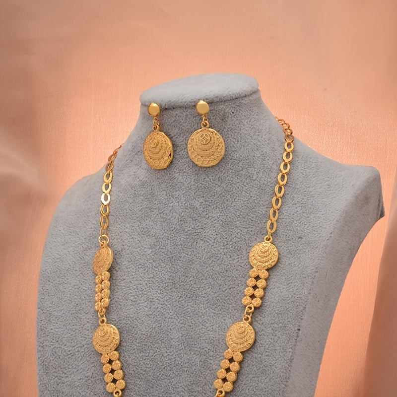 Vintage Copper Jewelry Set Pendant Necklace & Dangle Earrings 24K Plated