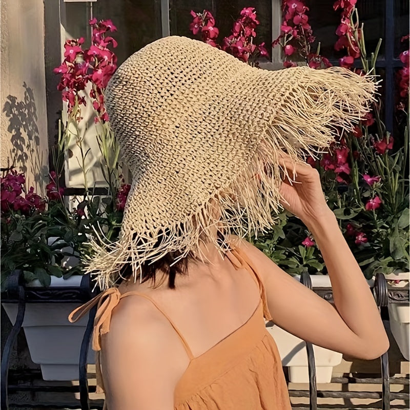 Vintage Raw Brim Sun Hat Solid Crochet Tassel Straw Hat Boho Outdoor Sun Shade