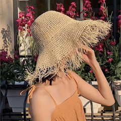 Vintage Raw Brim Sun Hat Solid Crochet Tassel Straw Hat Boho Outdoor Sun Shade