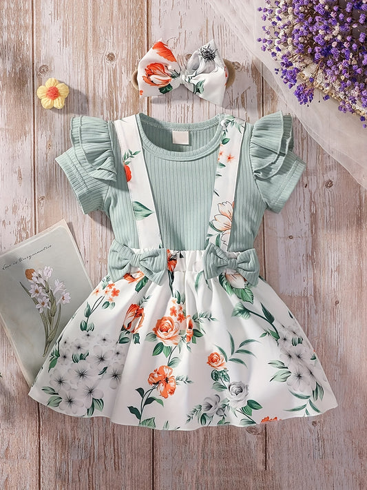 3pcs Baby Girls Casual T shirt & Floral Suspender Skirt Set