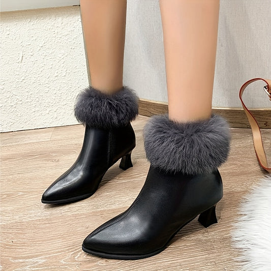 Women's Fuzzy Trim Ankle Boots Pointed Toe High Heels