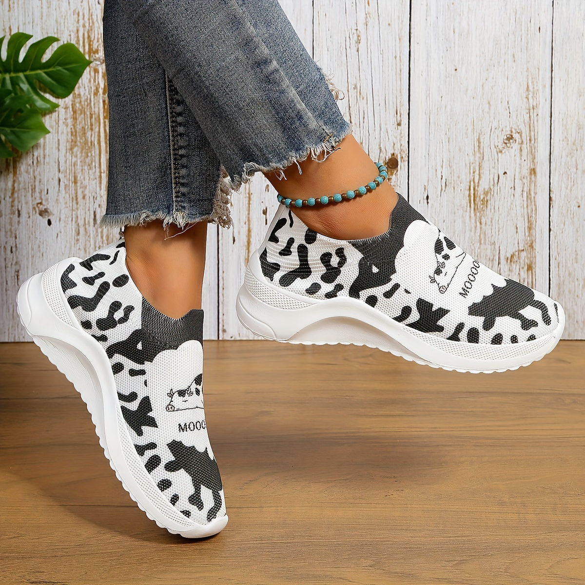 Cow Print Sock Shoes Women Breathable Slip On Sneakers