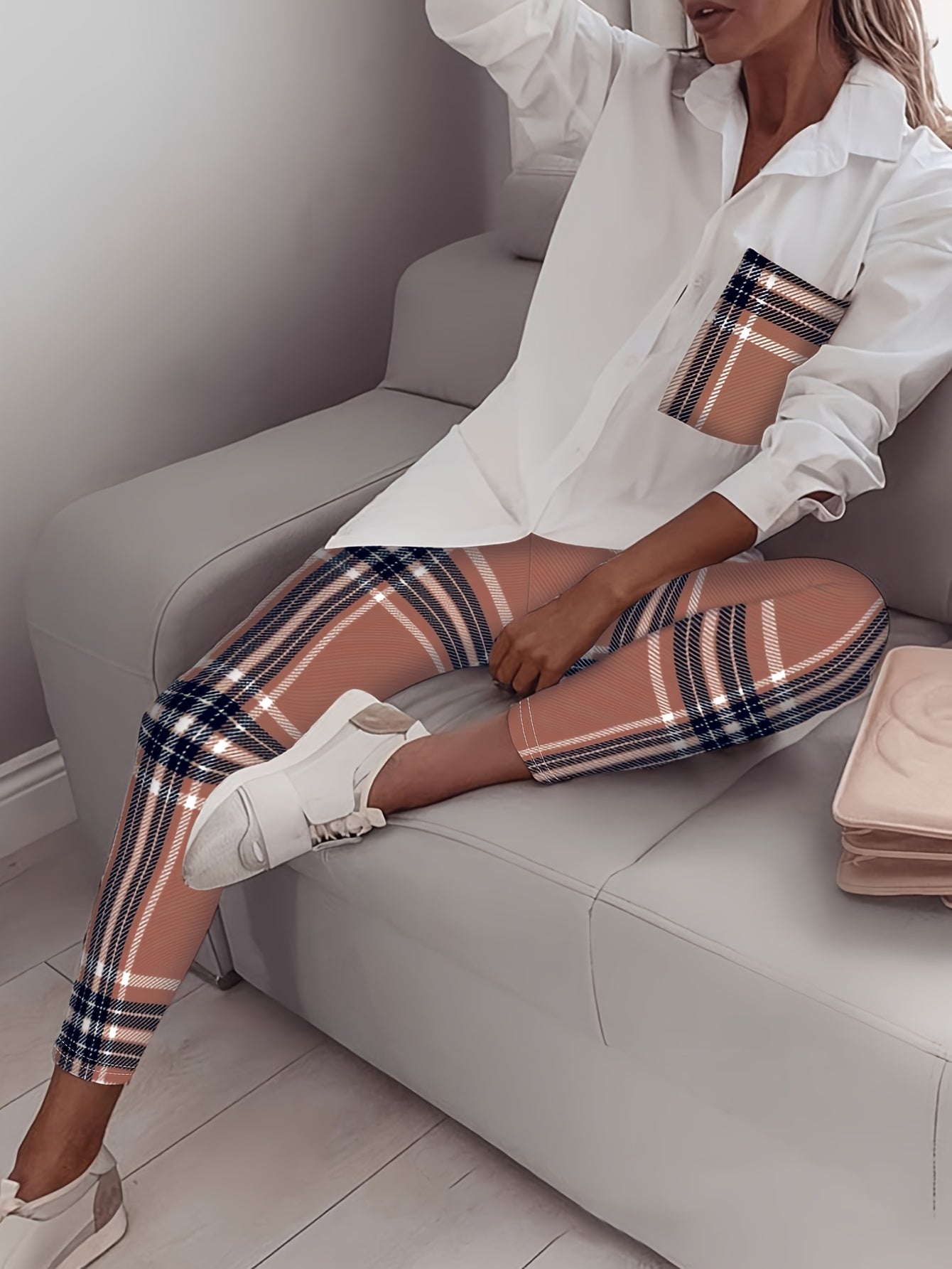 Women's Plus Plaid Print Button Up Shirt & Leggings 2 Pc Set