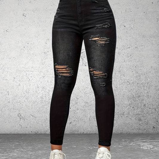 High Rise Ripped Skinny Jeans Water Ripple Embossed Denim Pants