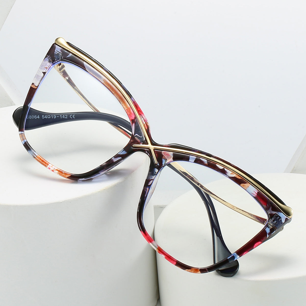 Oversized Cat Eye Floral Print Frame Retro Clear Lens Glasses