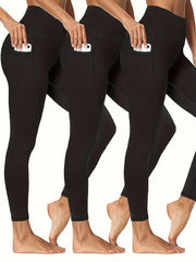 3 Pack Plus Size Sports Leggings Women's Plus Solid Pipping High Stretch Yoga