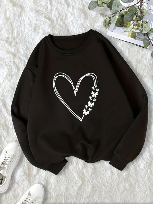 Heart & Butterfly Print Sweatshirt Cozy Crew Neck Top