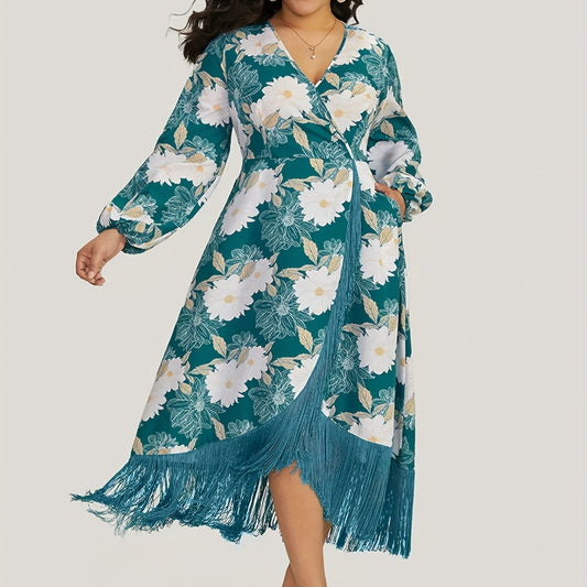  Floral Print Long Sleeve Fringe Trim Dress