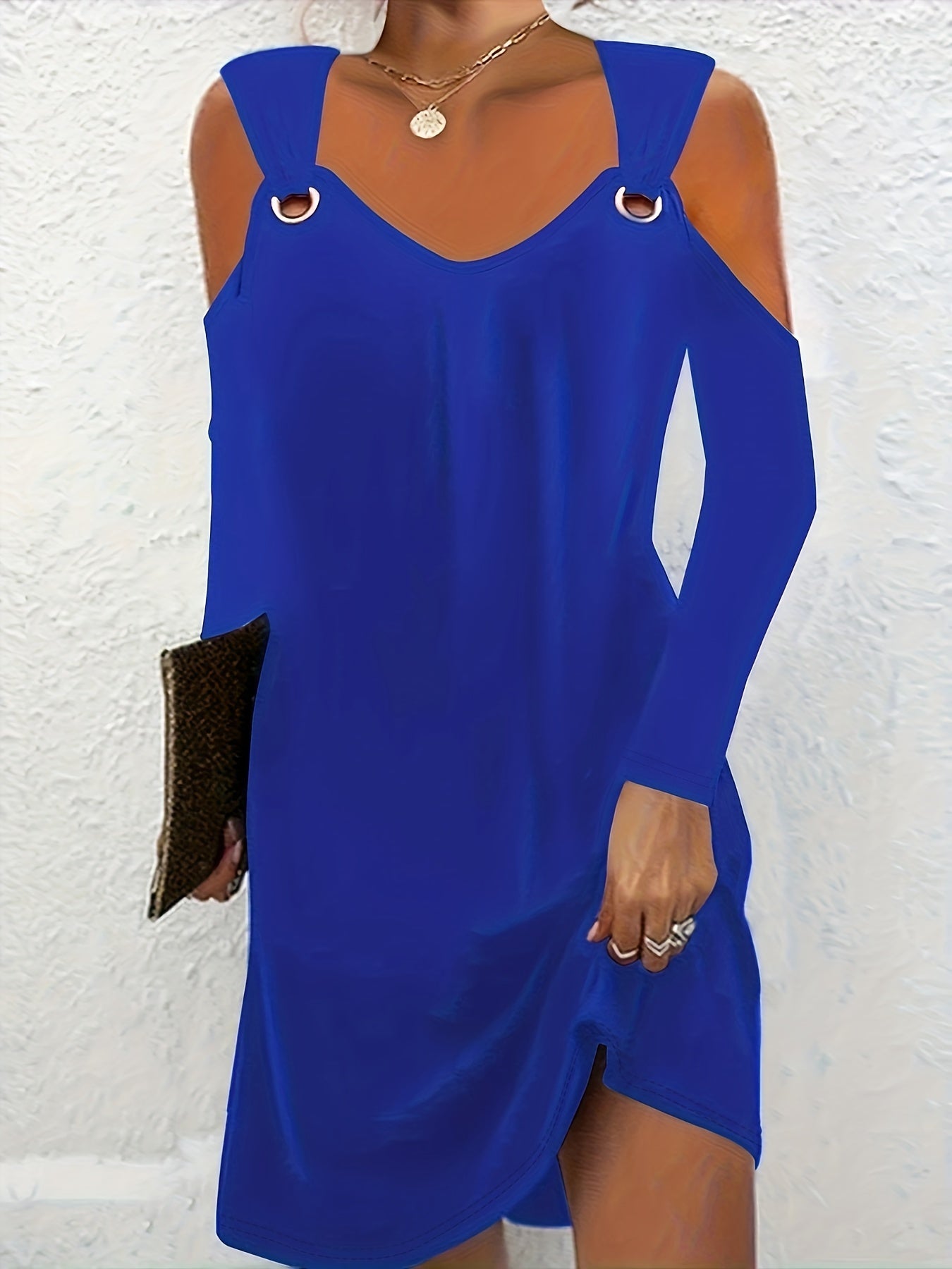  Casual Dress Women's Plus Solid Cold Shoulder Long Sleeve Mini Dress