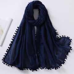 Pompom Tassel Scarf Solid Shawl Hijab Classic Turban Head Wrap