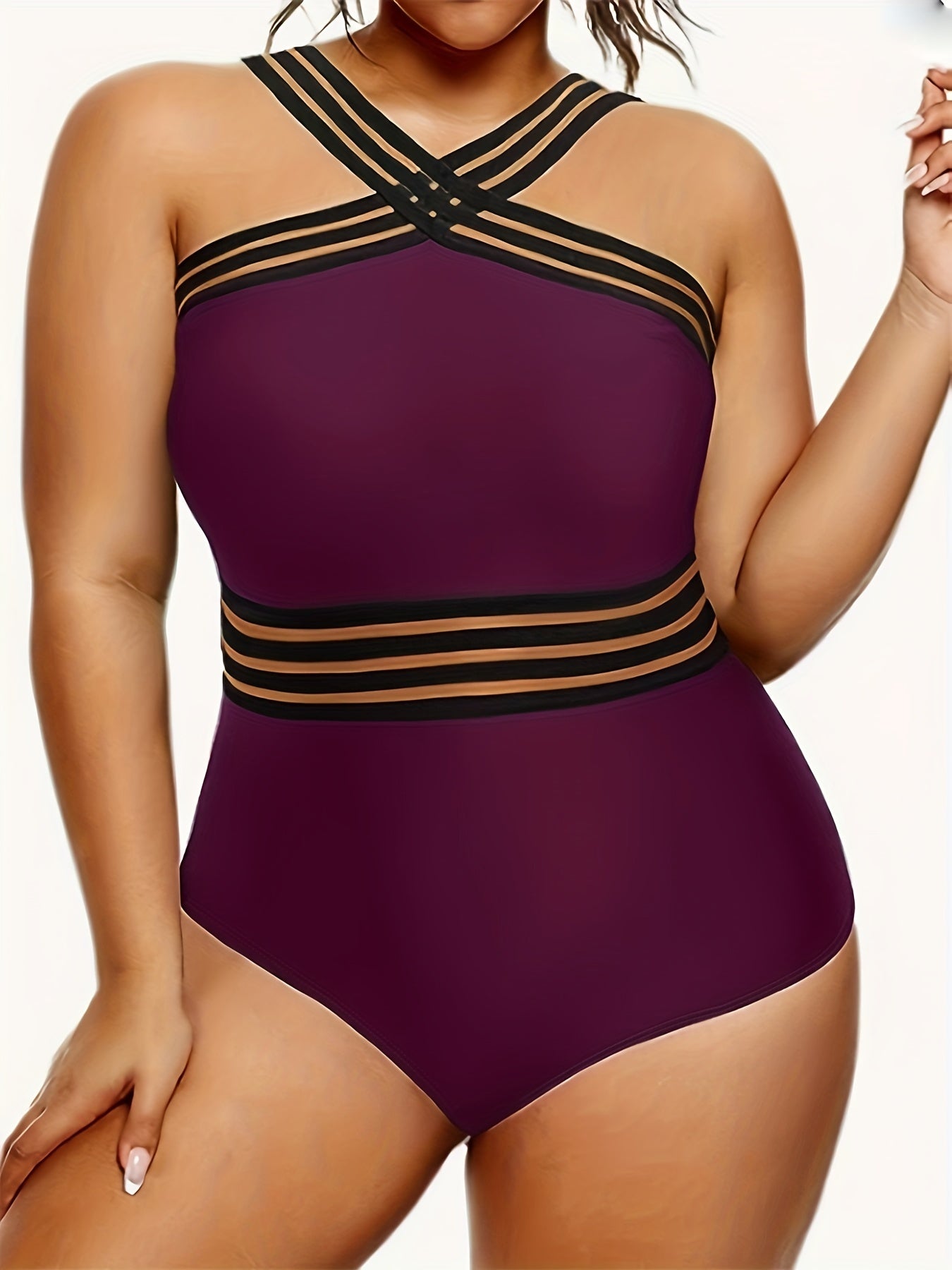 Plus Mesh Insert Halter One Piece Swimsuit