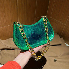 Patent Leather Shoulder Bag Crocodile Embossed Handbag with Chain
