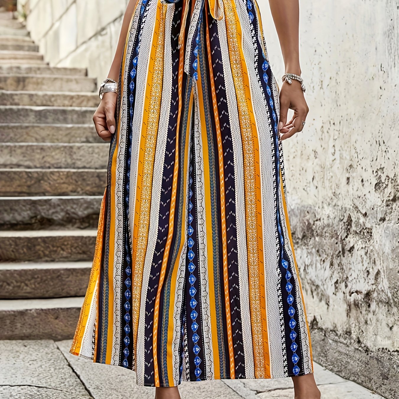  Patchwork Print High Rise Wide Leg Pants with Belt