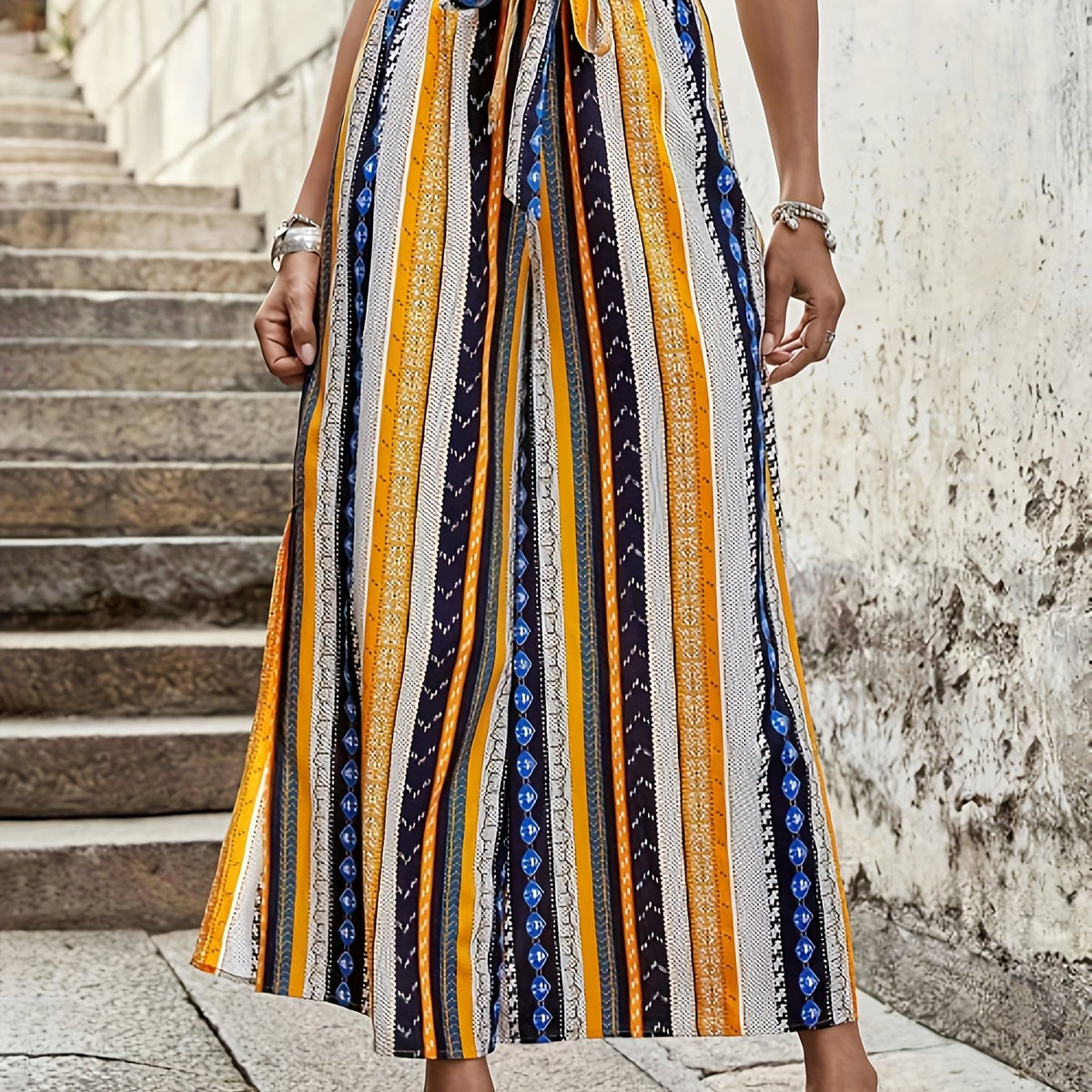  Patchwork Print High Rise Wide Leg Pants with Belt