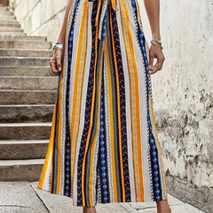  Patchwork Print High Rise Wide Leg Pants with Belt