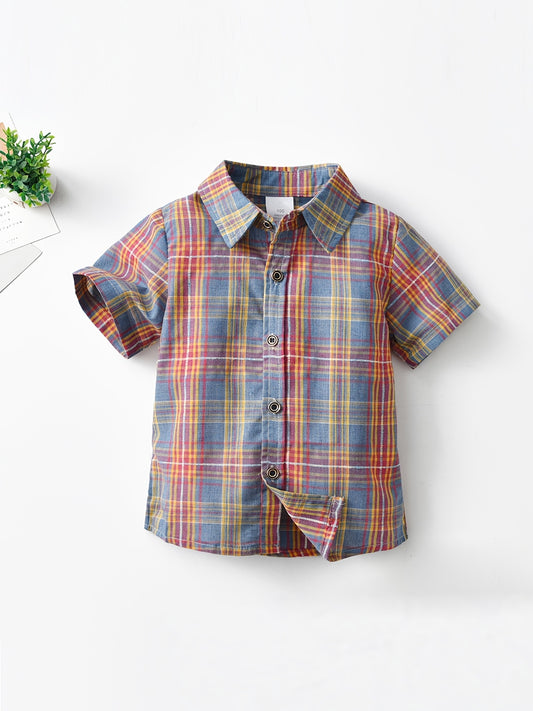 Boys Plaid Button Lapel Short Sleeve Shirts - Kids Summer Clothes