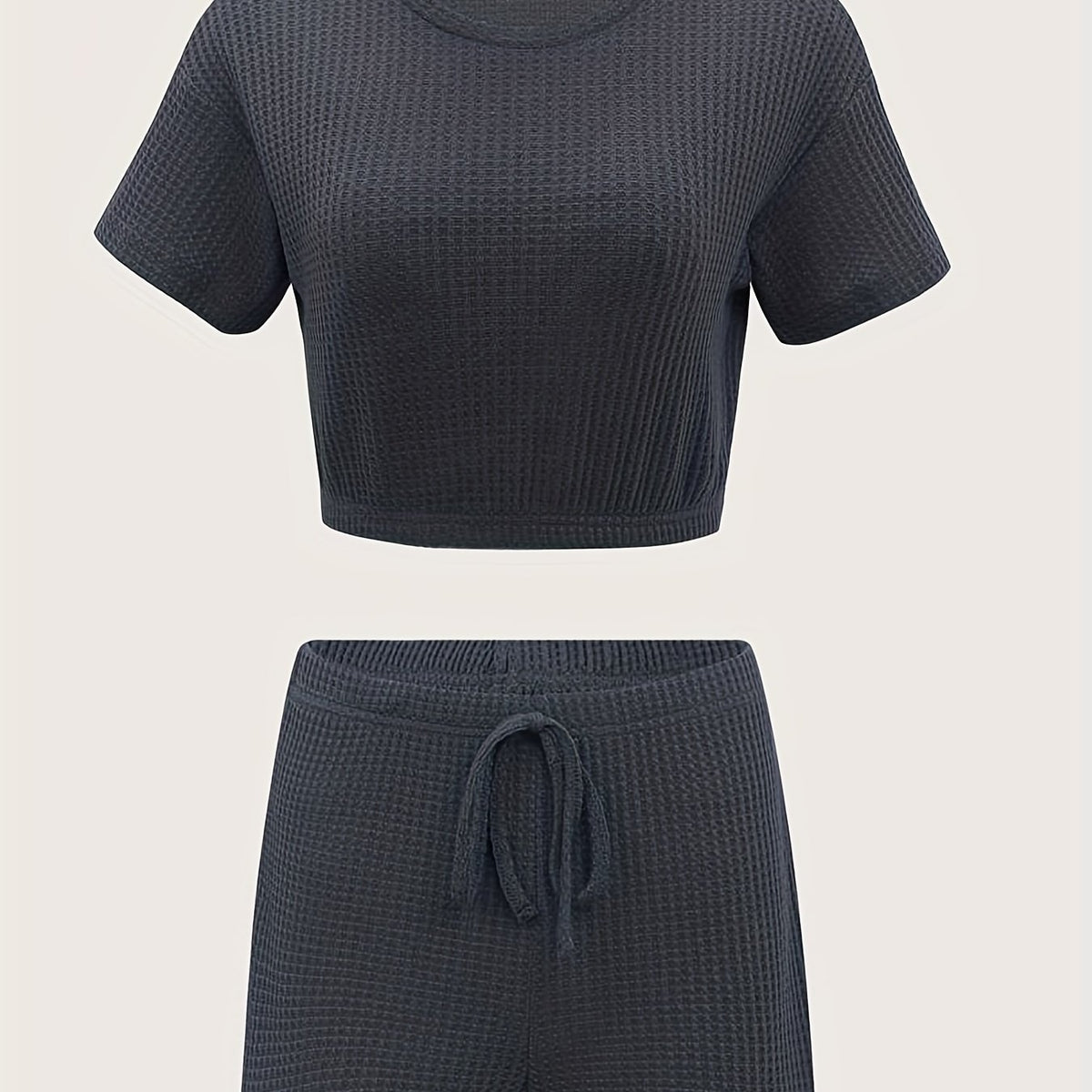 Waffle Casual Two piece Set Short Sleeve Crop Top & Drawstring Shorts