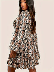  Snake Print Lantern Sleeve Smock Dress