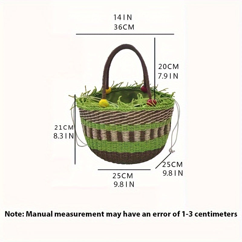 Beaded Straw Handheld Basket Bag with Tassels