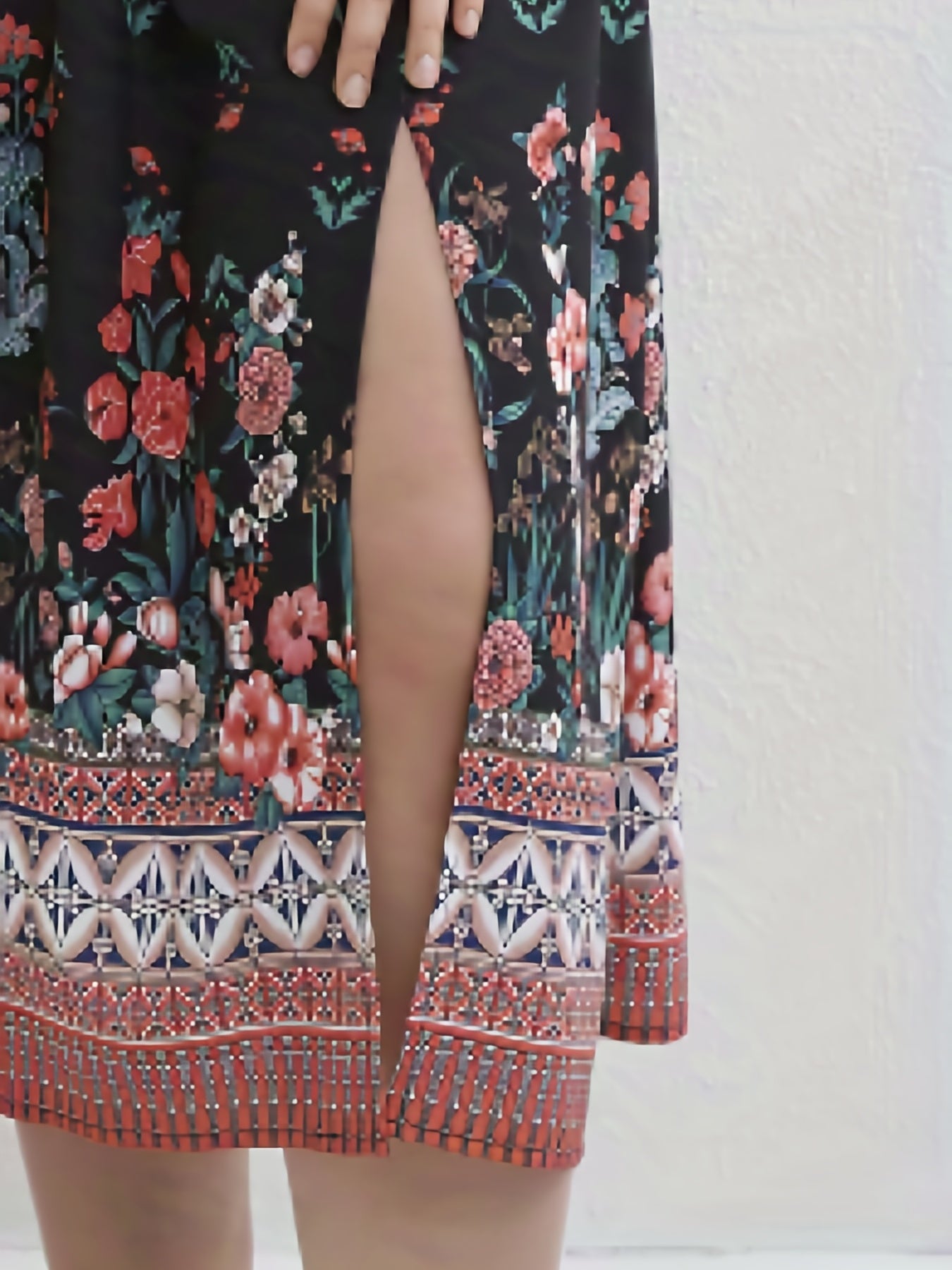  Colorblock Floral Geometric Print Cap Sleeve Midi Dress