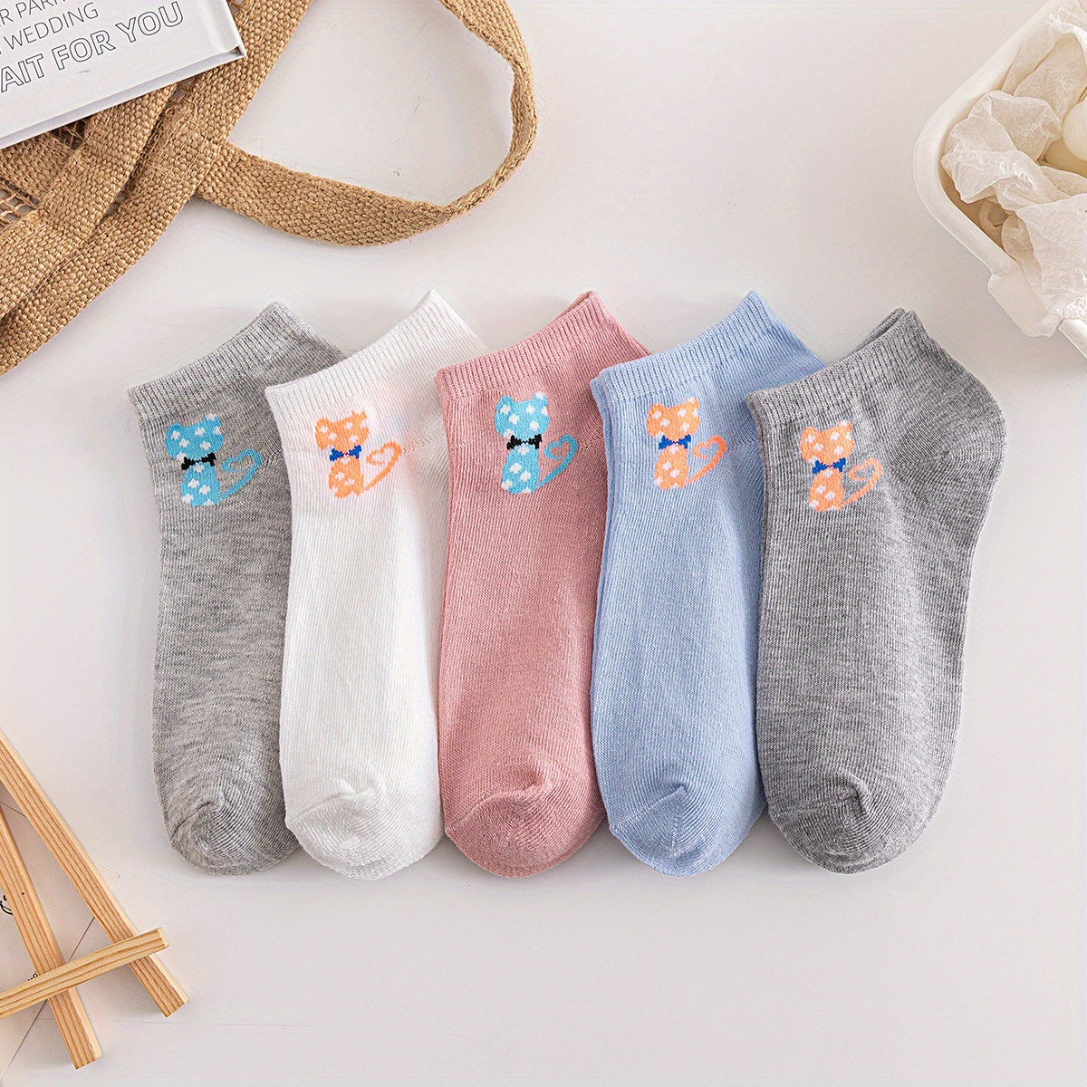 5 Pairs Cartoon Spotted Cat Short Socks Cute Ankle Stockings Women's Hosiery