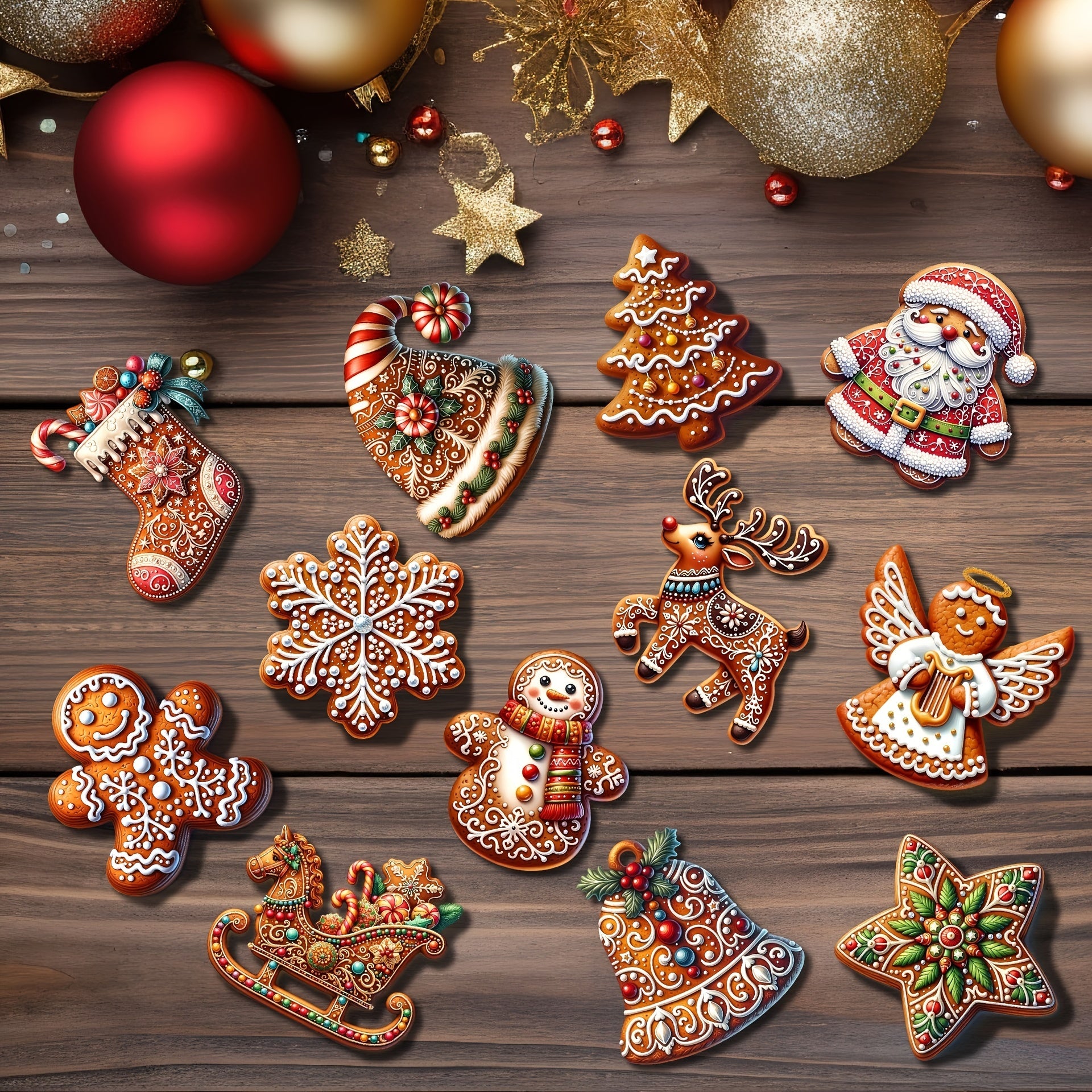 24pc Wooden Christmas Ornaments Set Gingerbread & Santa Claus Designs