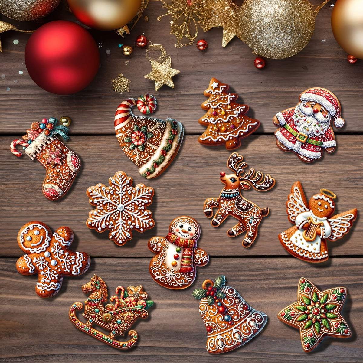 24pc Wooden Christmas Ornaments Set Gingerbread & Santa Claus Designs