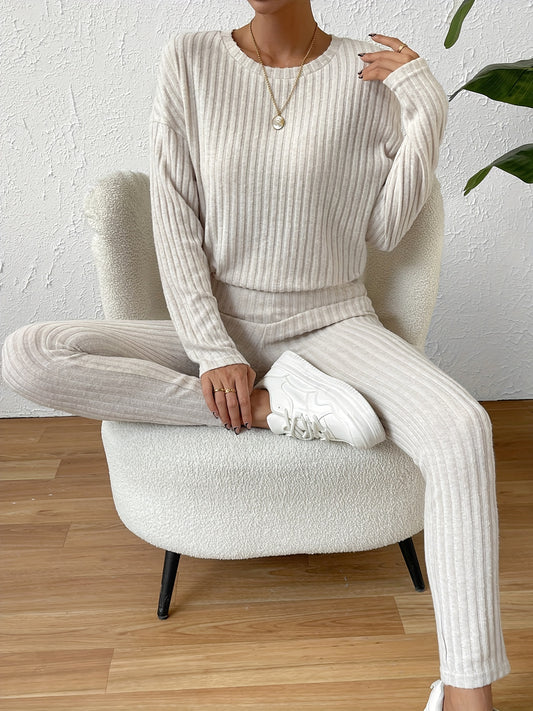 Ribbed Knit Two piece Set Long Sleeve Crew Neck Top & Slim Pants