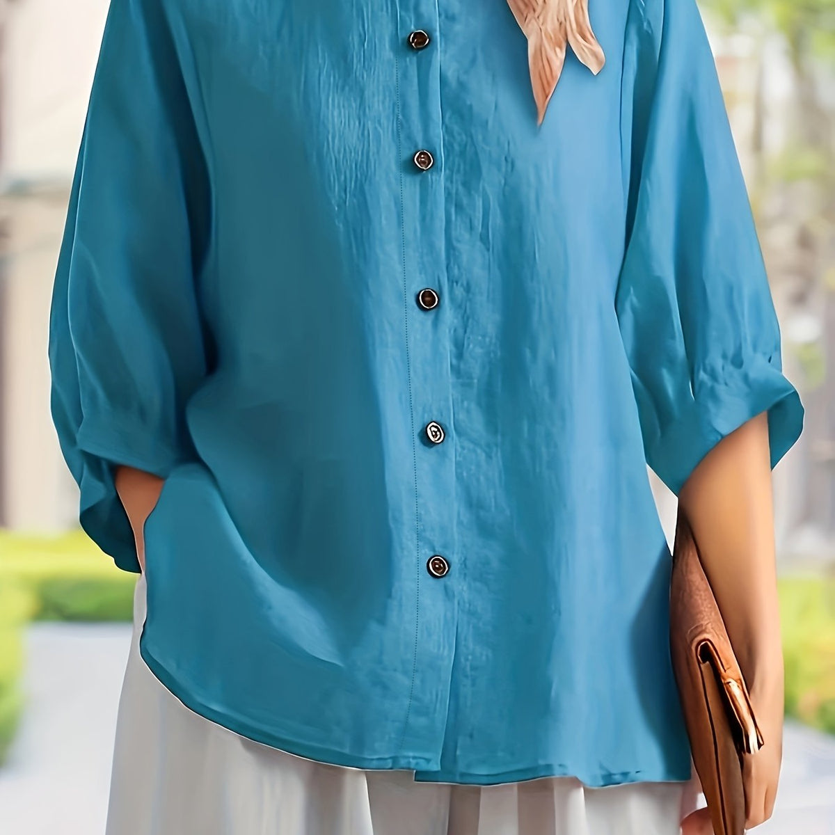  Solid 3/4 Sleeve Mock Neck Blouse