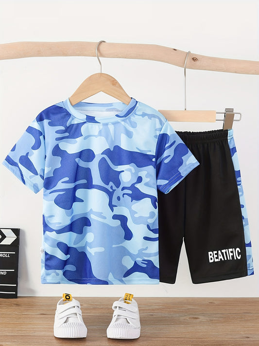 Boys Camouflage T Shirt And Shorts Set Casual Short Sleeve Top And Pants