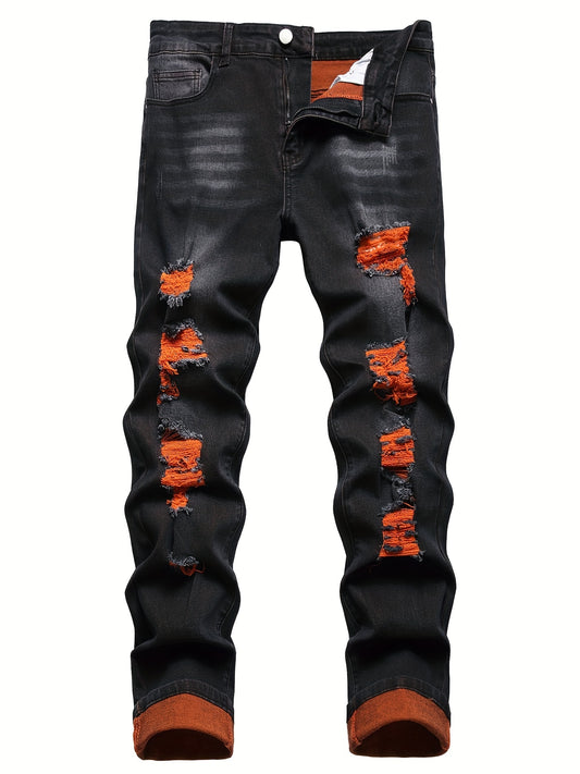 Men's Vintage Comfy Jeans Frayed Decor Slim Fit Stretch Trousers