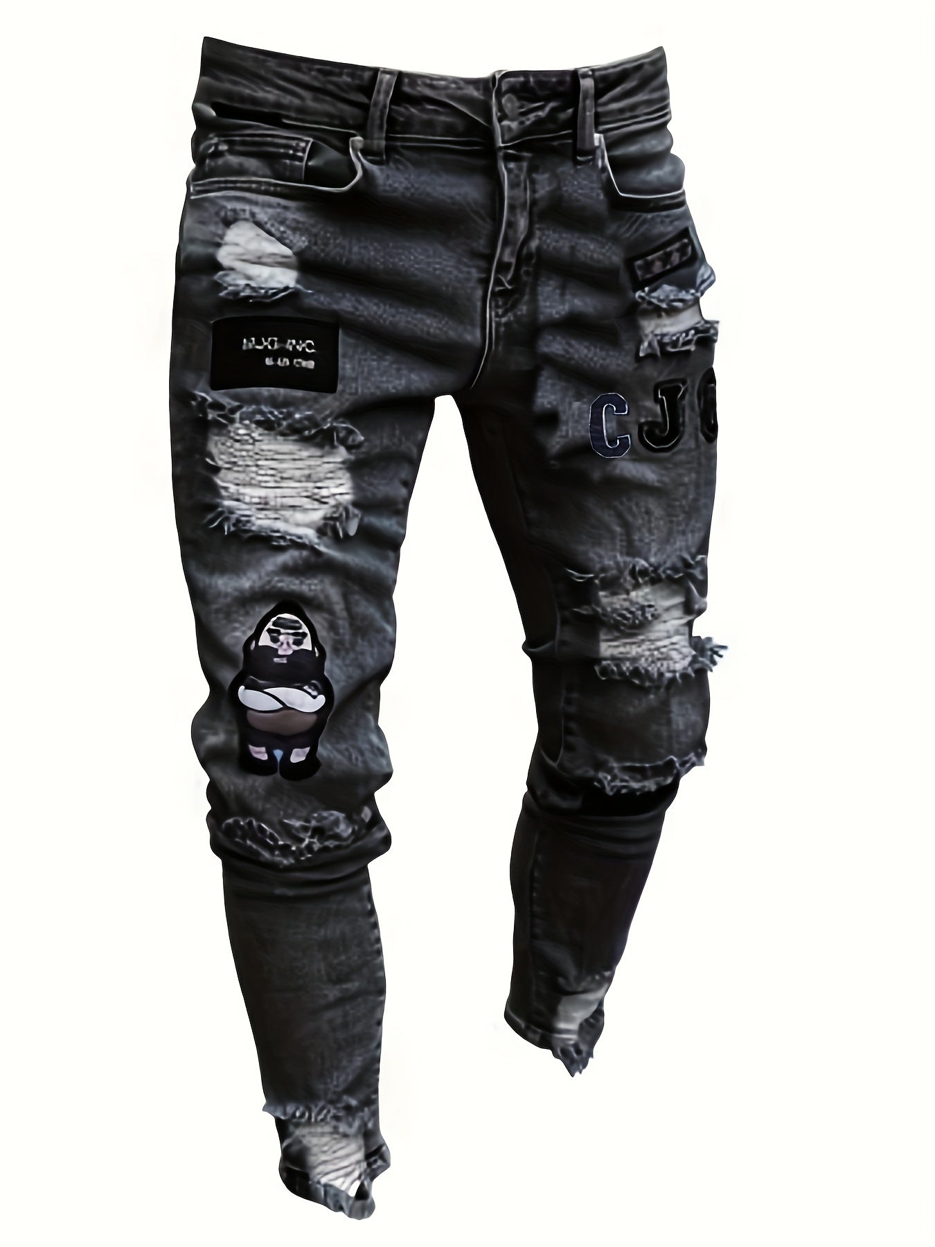 Letter Print Slim Fit Ripped Jeans Distressed Denim Pants