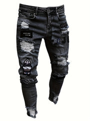 Letter Print Slim Fit Ripped Jeans Distressed Denim Pants